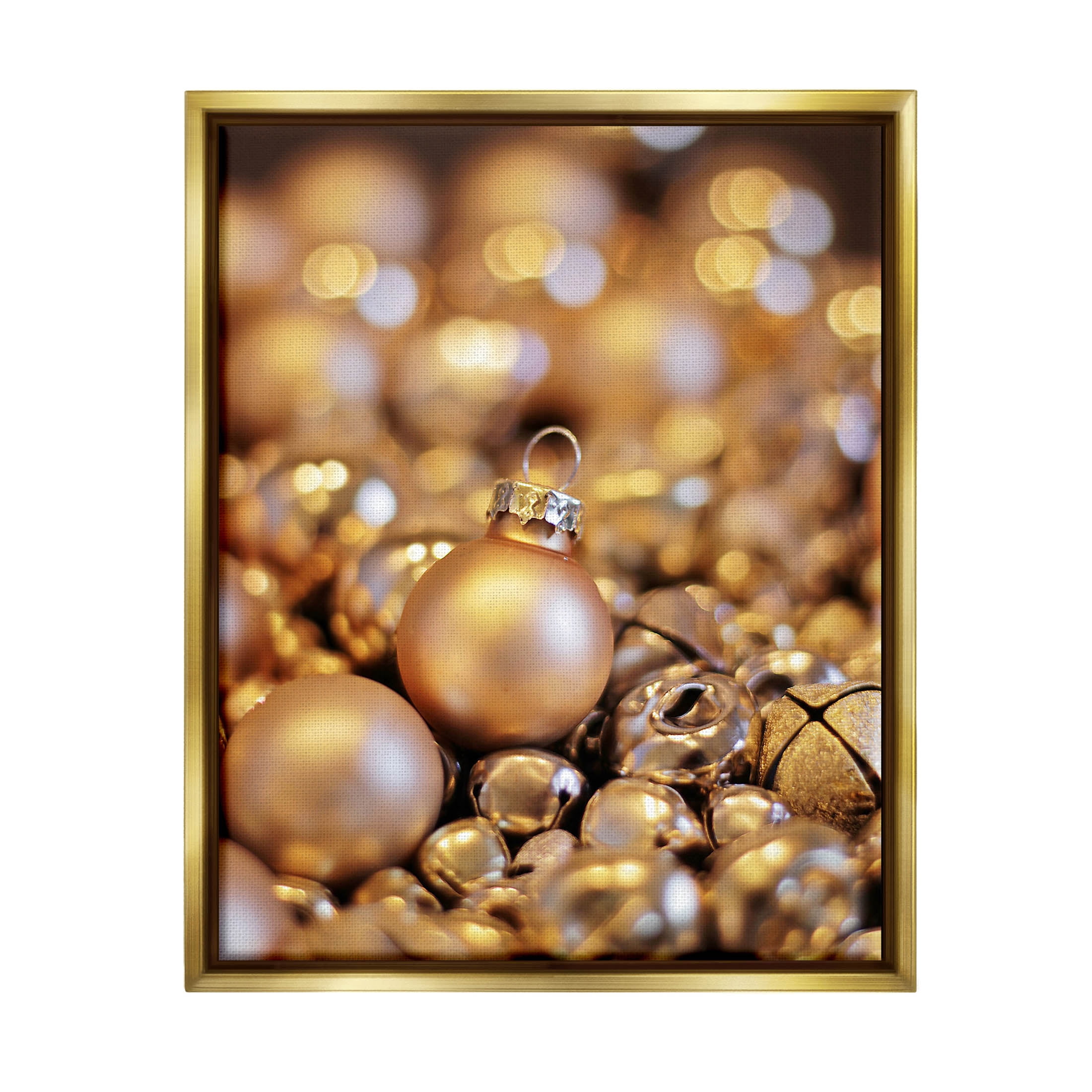 Gleaming Christmas Ornaments Bells Holiday Photograph Metallic Gold Framed Art Print Wall Art