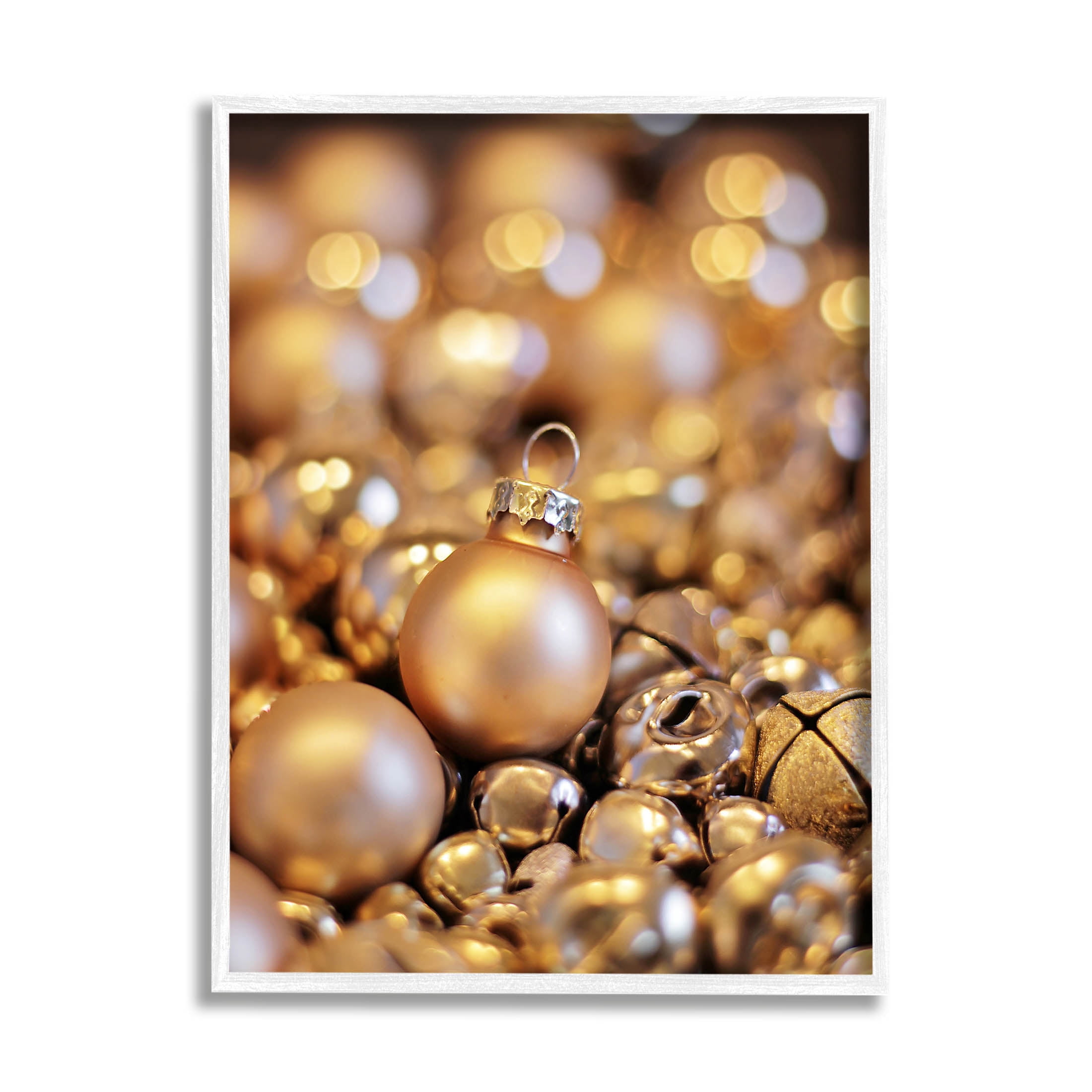 Gleaming Christmas Ornaments Bells Holiday Photograph White Framed Art Print Wall Art