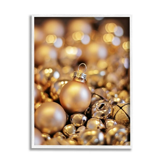 Gleaming Christmas Ornaments Bells Holiday Photograph White Framed Art Print Wall Art