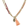 thumbnail image 1 of Gleaming  Quartz Hand of Hamsa Orange Tassel Brass Bead Necklace, 1 of 5