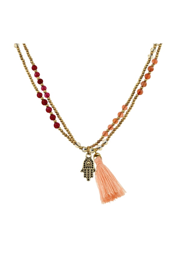 Gleaming  Quartz Hand of Hamsa Orange Tassel Brass Bead Necklace