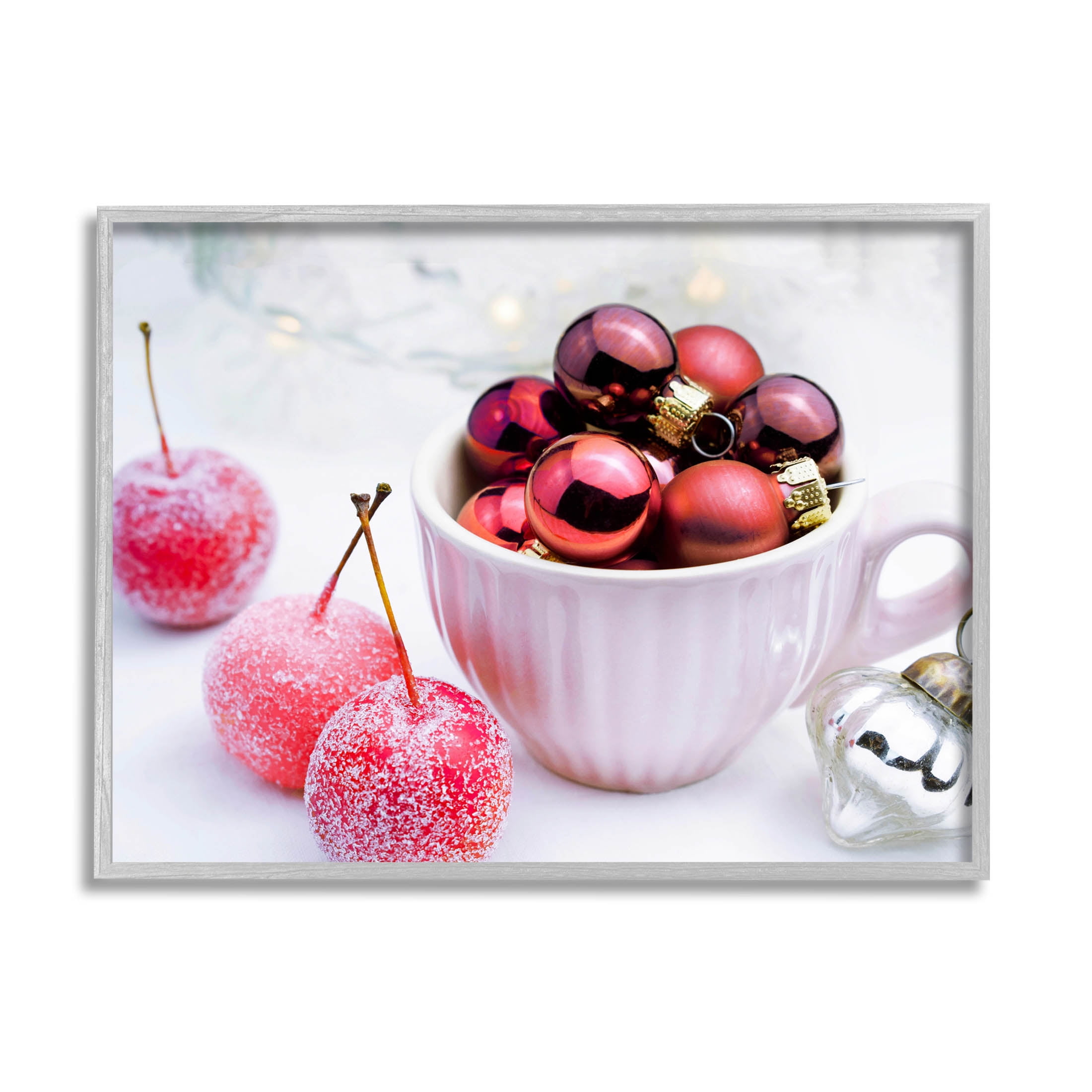 Gleaming Red Christmas Ornaments in Gray Wood Frame