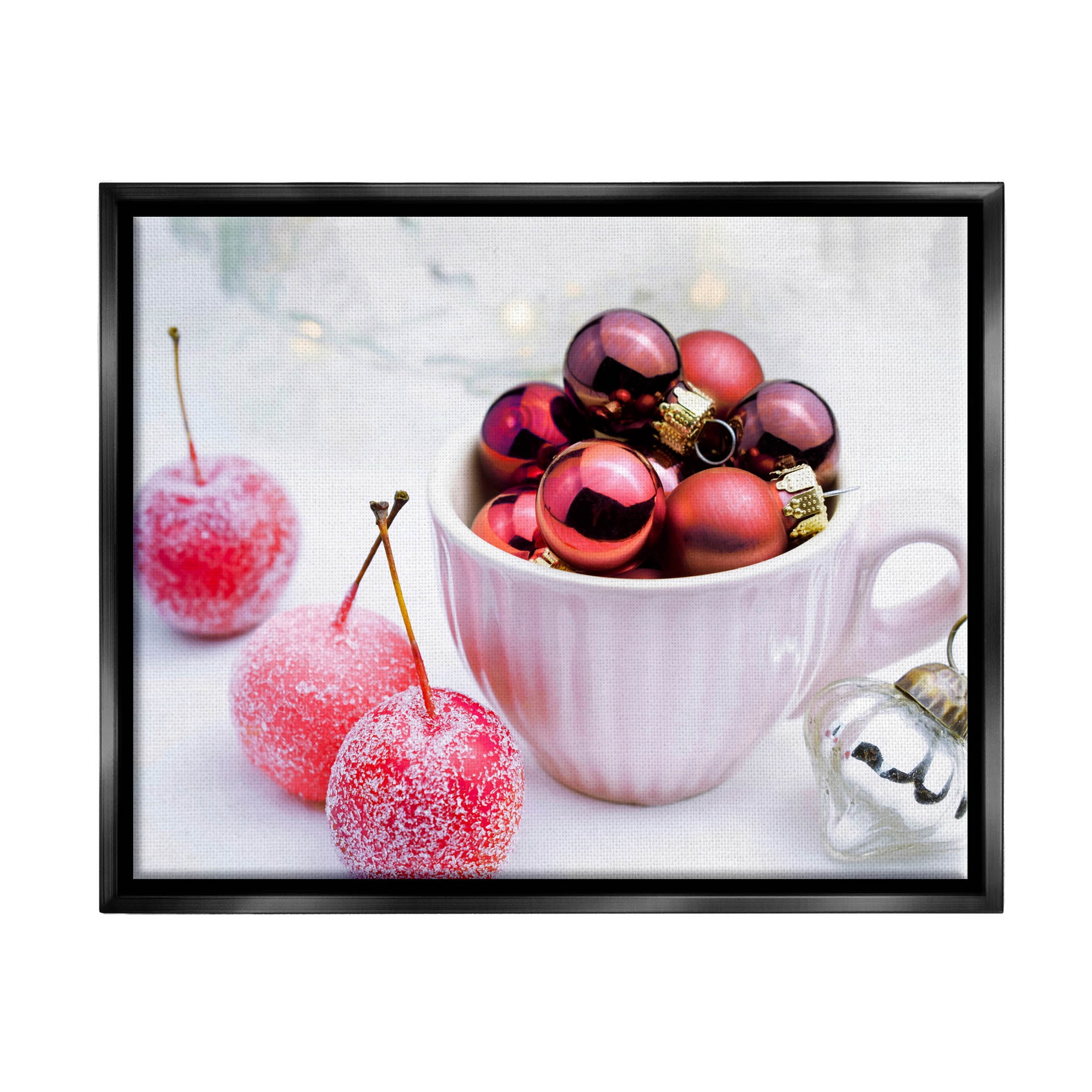 Gleaming Red Christmas Ornaments Holiday Photograph Jet Black Framed Art Print Wall Art