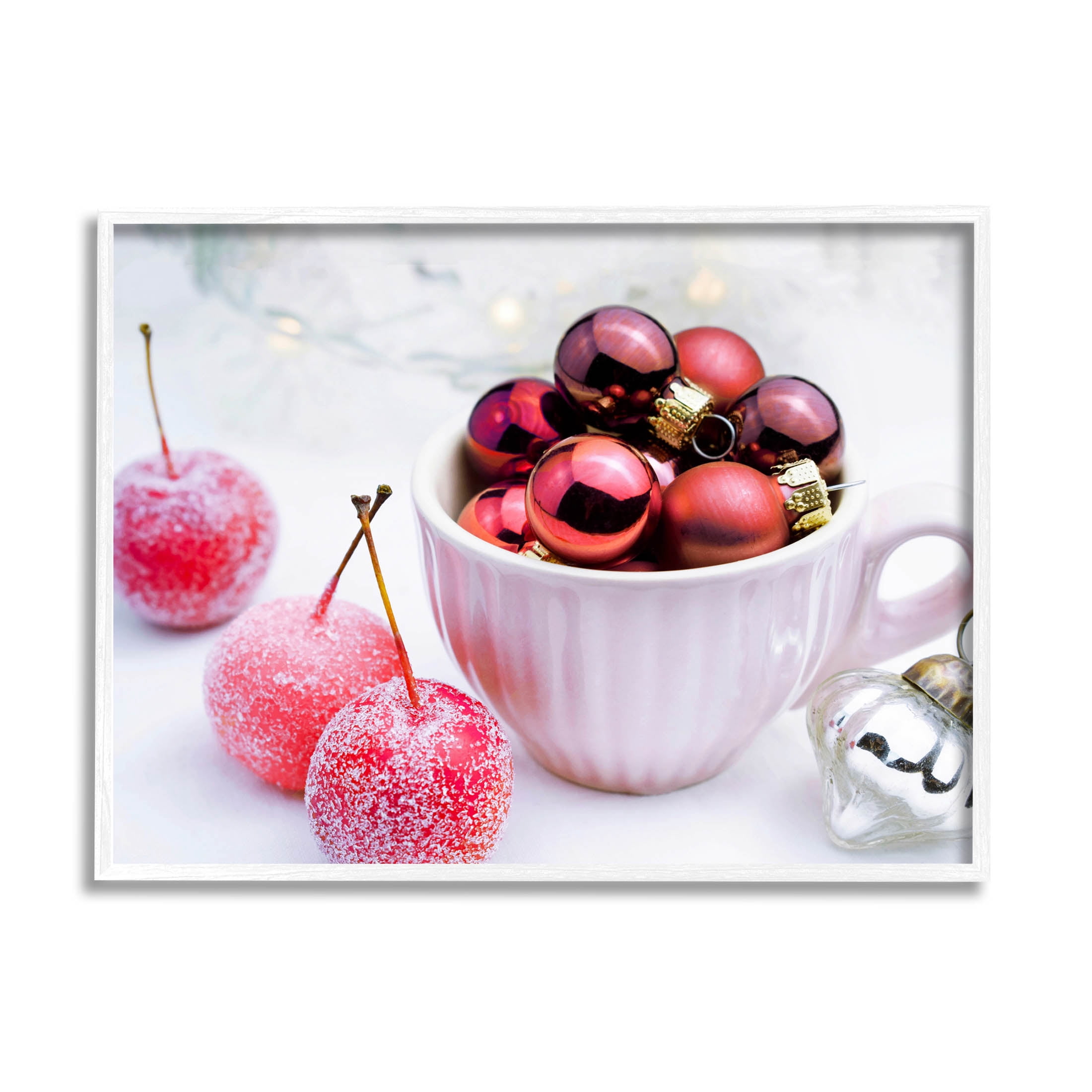 Gleaming Red Christmas Ornaments Holiday Photograph White Framed Art Print Wall Art