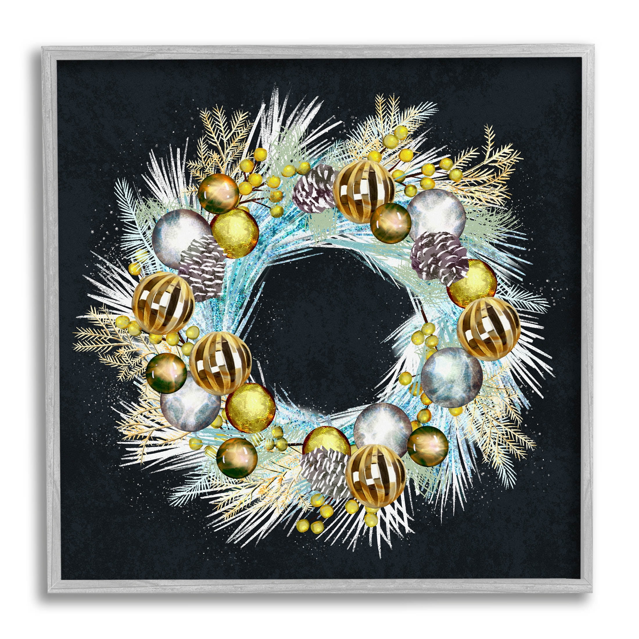 Gleaming Seasonal Pine Wreath Holiday Graphic Art Gray Framed Art Print Wall Art