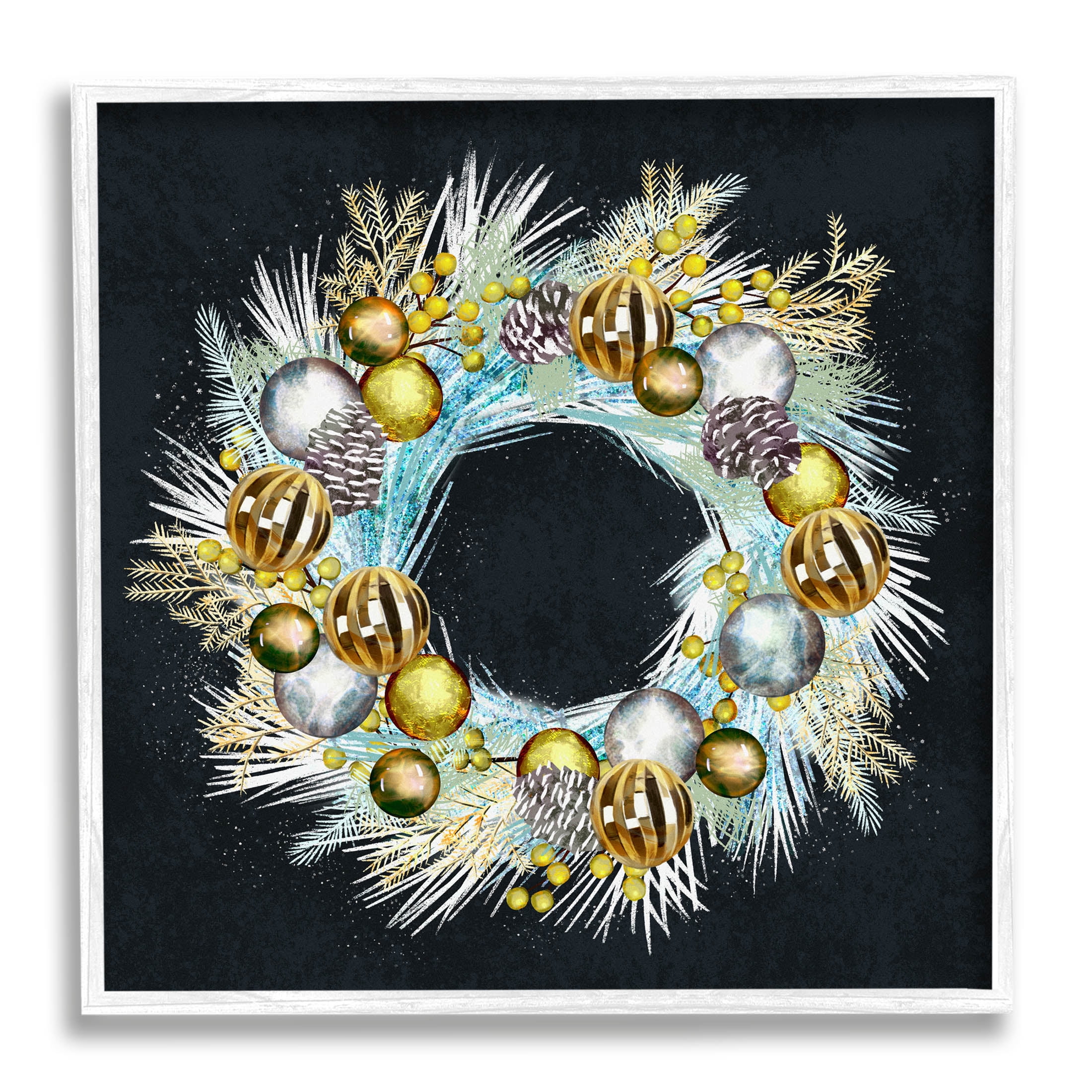Gleaming Seasonal Pine Wreath Holiday Graphic Art White Framed Art Print Wall Art