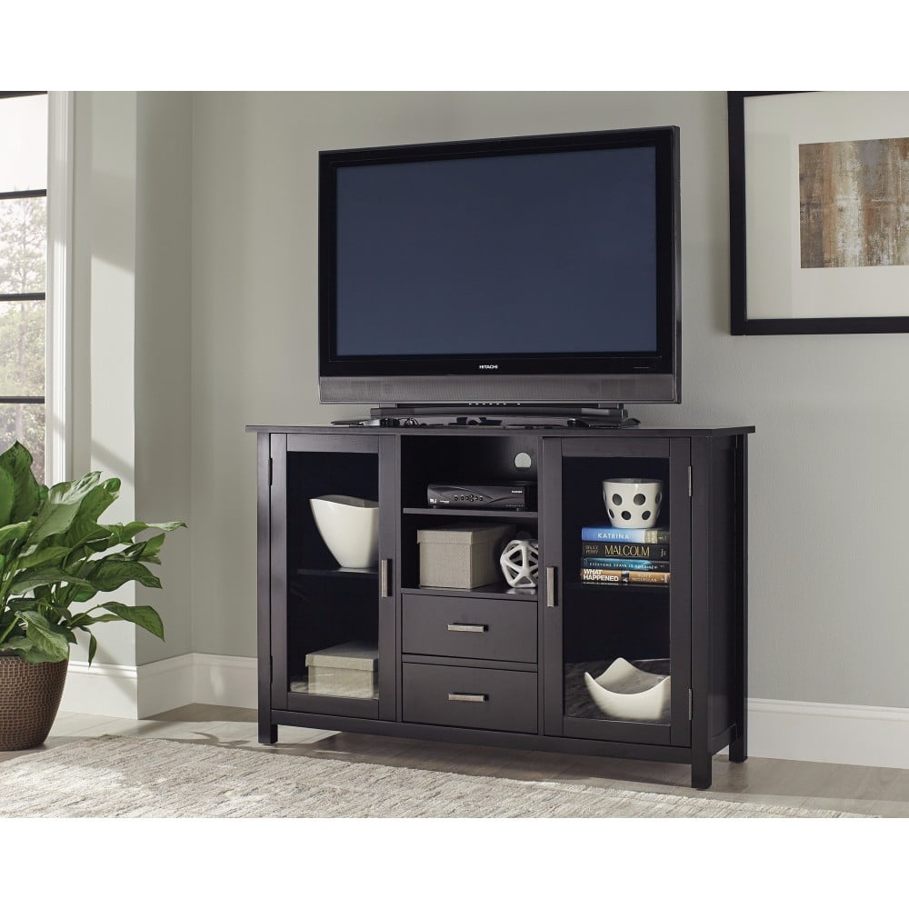 Gleaming Transitional TV Console with Glass Doors, Black
