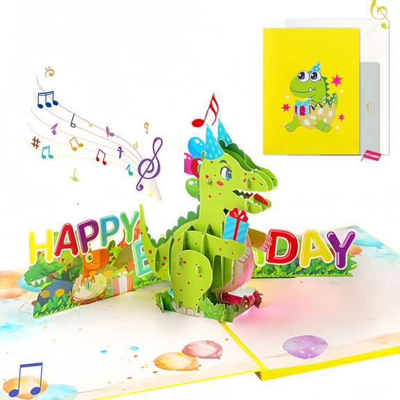 3D Pop Up Birthday Card with Music & Lights, Dinosaur Greeting Card, Unique Birthday Gift for Boys, Kids & Family