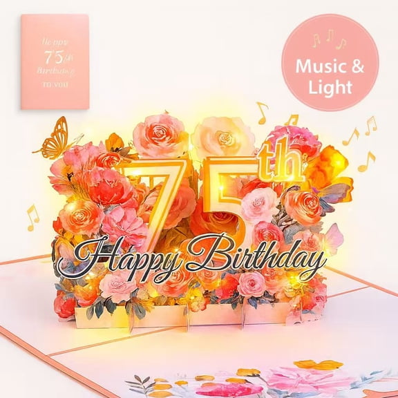 3D Pop-Up Birthday Card with Music & Lights, Flowers & 75th Age Numbers, Gift with Envelope for Women, 5.2x7.1 in
