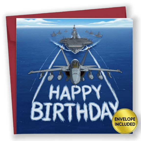 Military Birthday Card for Men  Fighter Jet & Aircraft Carrier Navy Theme Greeting Card, Birthday Card for Dad, Son, or Husband, Premium Gift with Envelope, Sticker