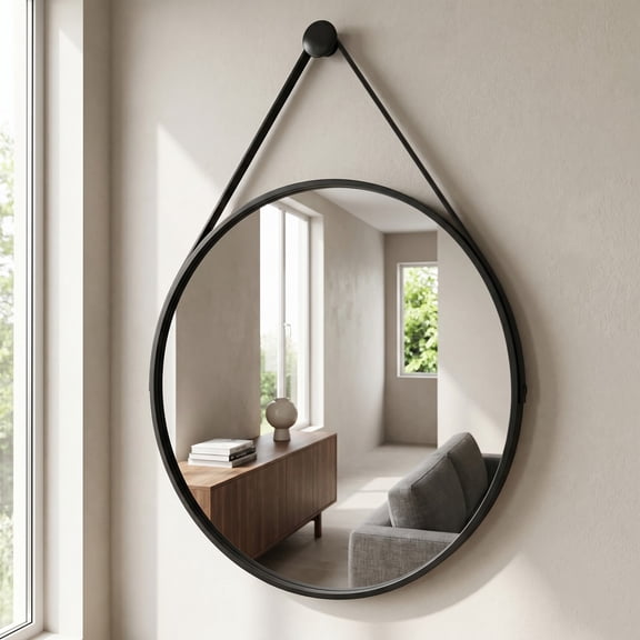 Gleamira 16" Wall Mounted Mirror Round Vanity Mirror with Leather Strap, Black