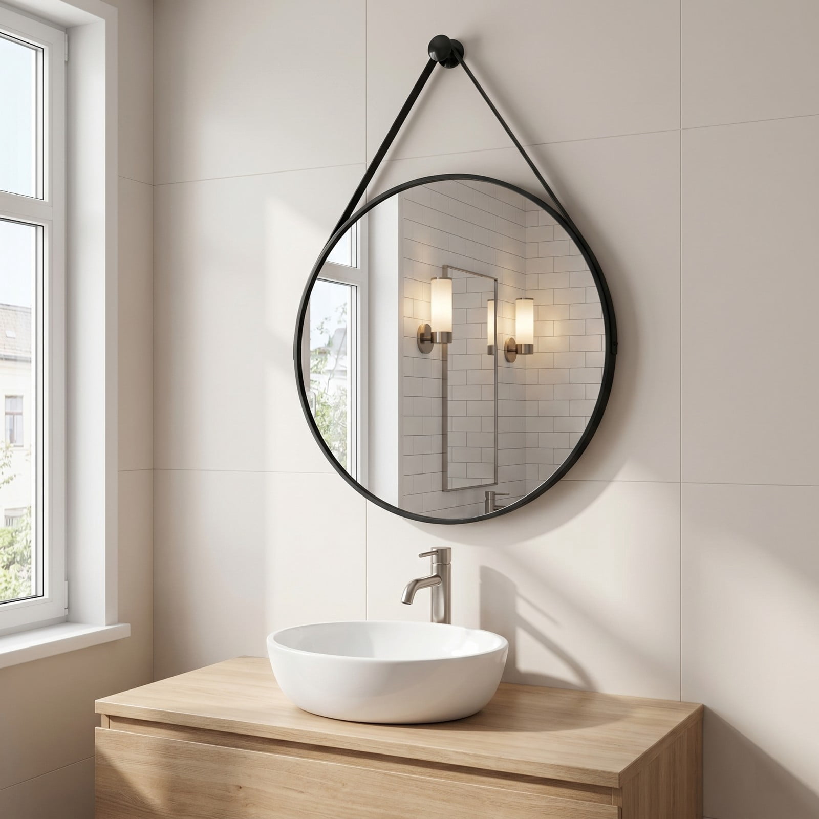 Gleamira 16" Wall Mounted Mirror Round Vanity Mirror with Leather Strap, Black