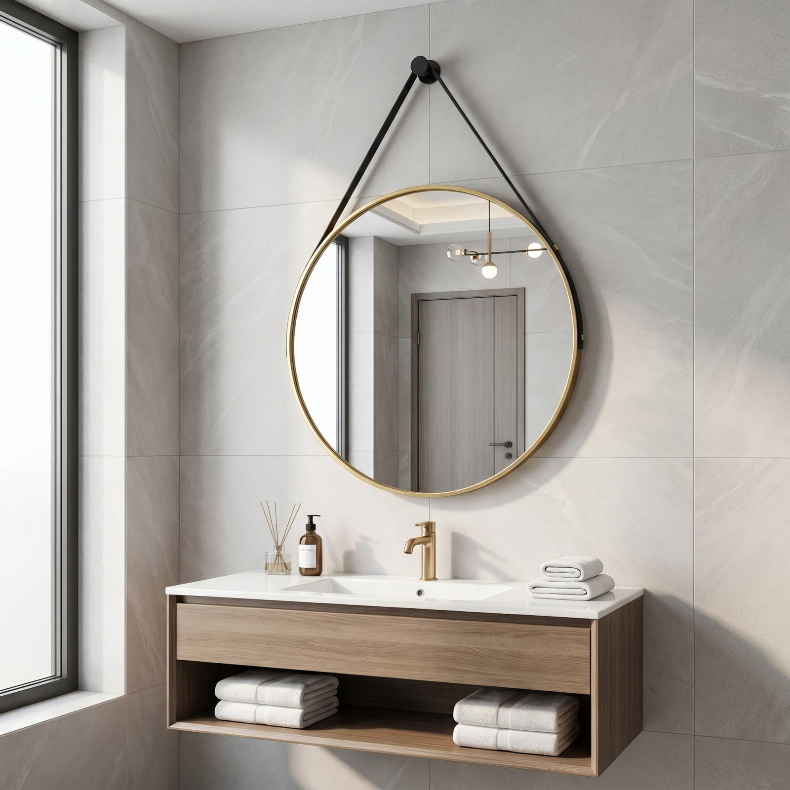 Gleamira 16" Wall Mounted Mirror Round Vanity Mirror with Leather Strap, Gold