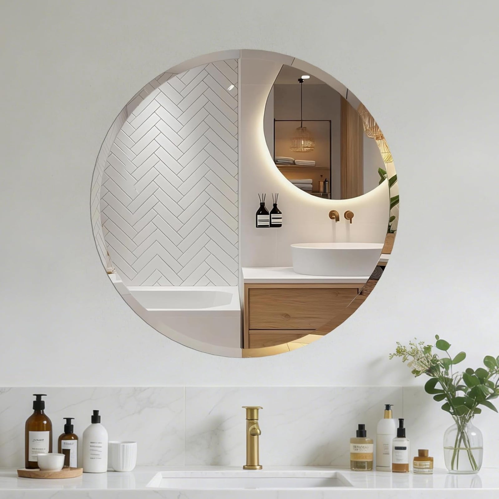 Gleamira 18" Frameless Bathroom Mirror Round Beveled Edges Wall Mirror Decorative Vanity Mirror for Bathroom