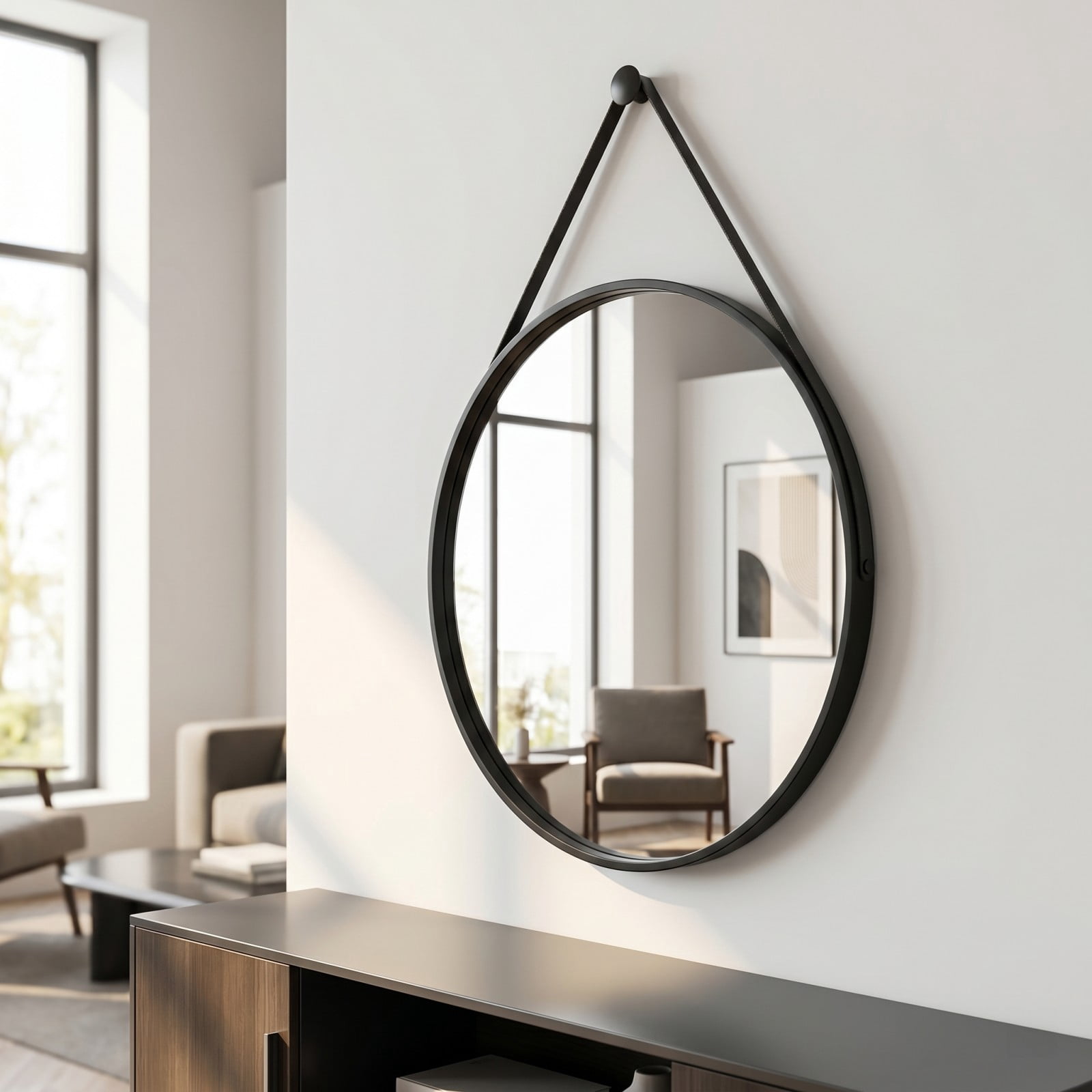 Gleamira 20" Wall Mounted Mirror Round Vanity Mirror with Leather Strap, Black