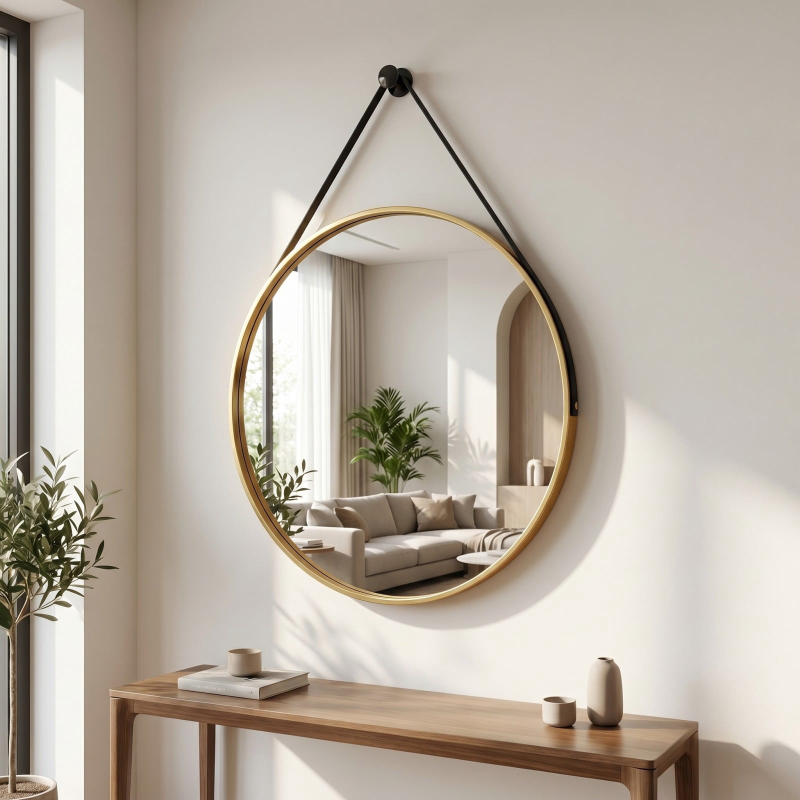 Gleamira 20" Wall Mounted Mirror Round Vanity Mirror with Leather Strap, Gold
