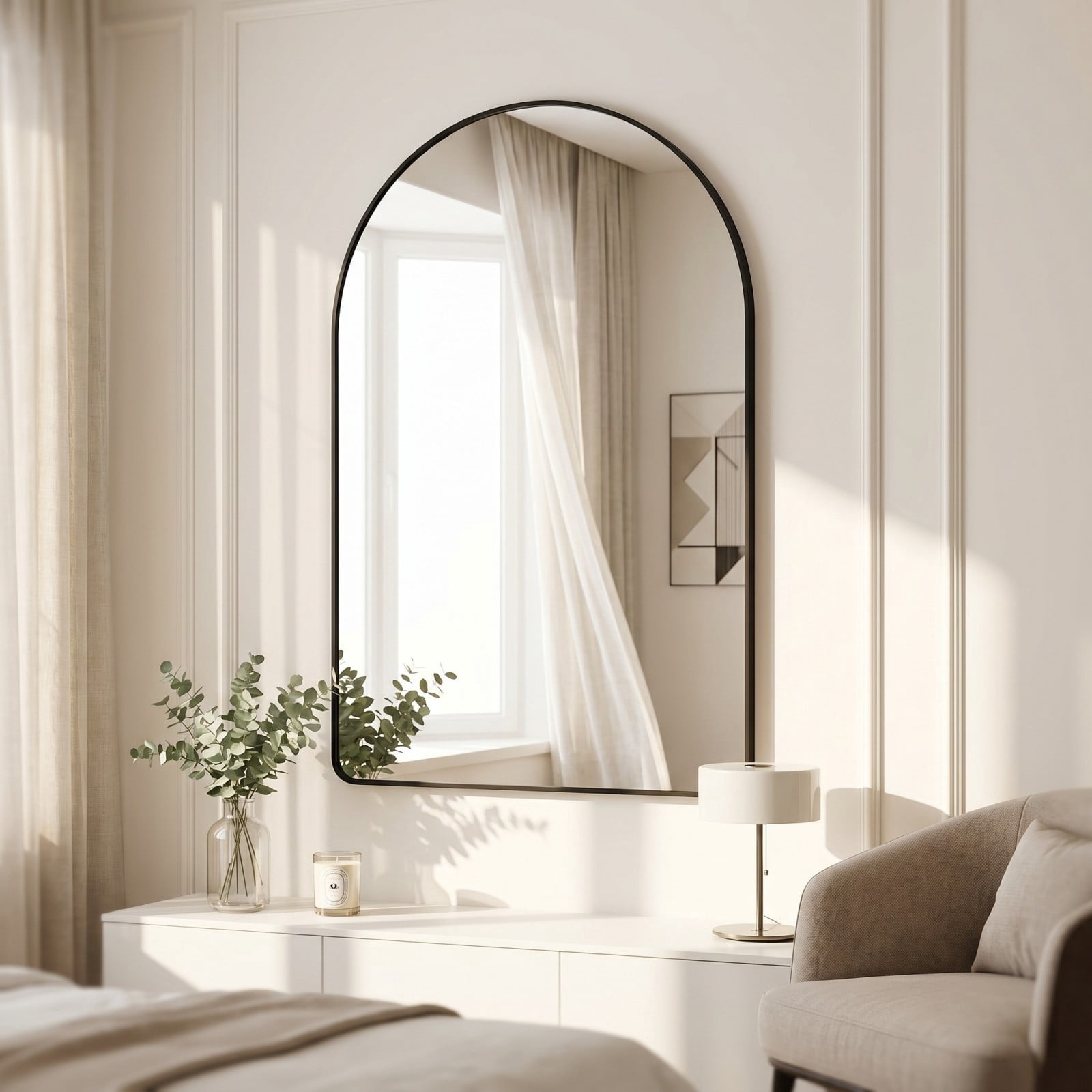 Gleamira 20"x28" Arched Bathroom Wall Mirror Rounded Corner Vanity Mirror with Metal Frame, Black