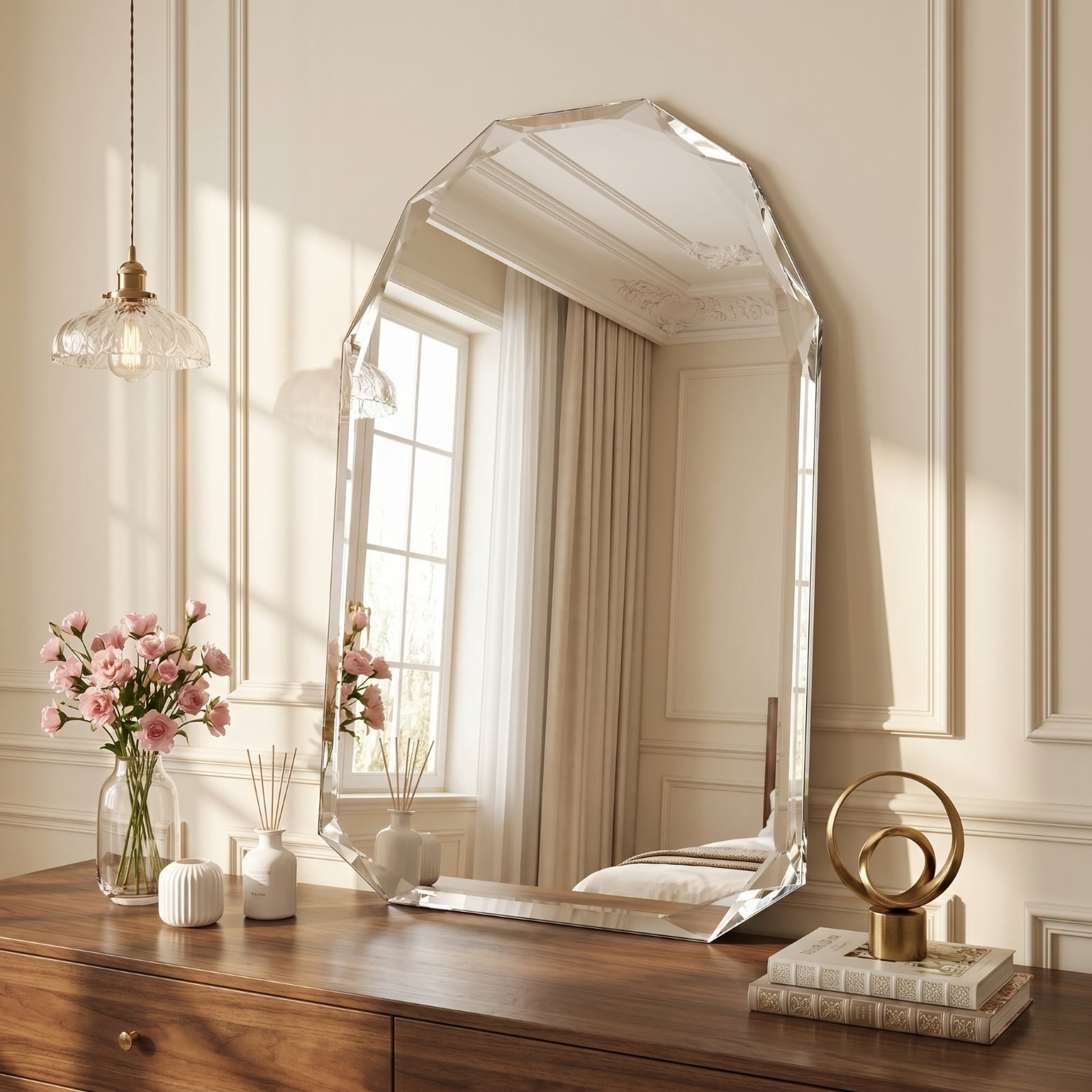 Gleamira 20"x28" Frameless Arched Bathroom Mirror Beveled Diamond Edge Wall Mirror Vanity Decorative Mirror