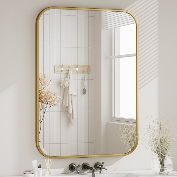 Gleamira 20"x28" Round Edge Rectangular Bathroom Mirror Wall Mounted, Gold