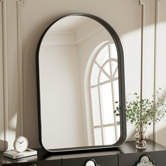 Gleamira 20"x30" Arch-Top Bathroom Mirror Deep Metal Frame Wall-Mounted Mirror , Black