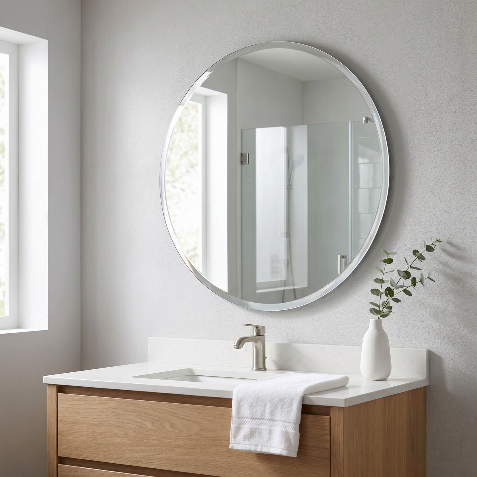 Gleamira 24" Frameless Bathroom Mirror Round Beveled Edges Wall Mirror Decorative Vanity Mirror for Bathroom