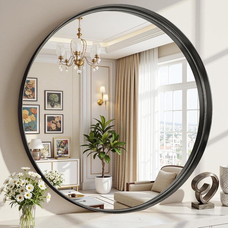 Gleamira 24" Round Bathroom Mirror Wall Mounted Mirror with Deep Frame, Black