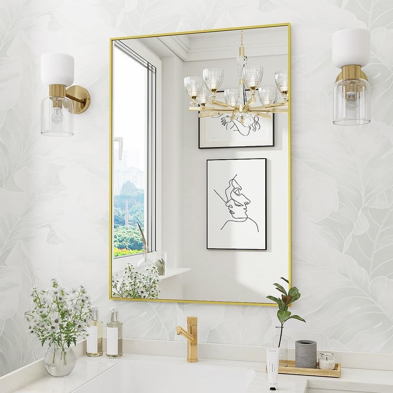 Gleamira 24"x32" Bathroom Wall Mirror with Rectangular Metal Frame, Gold