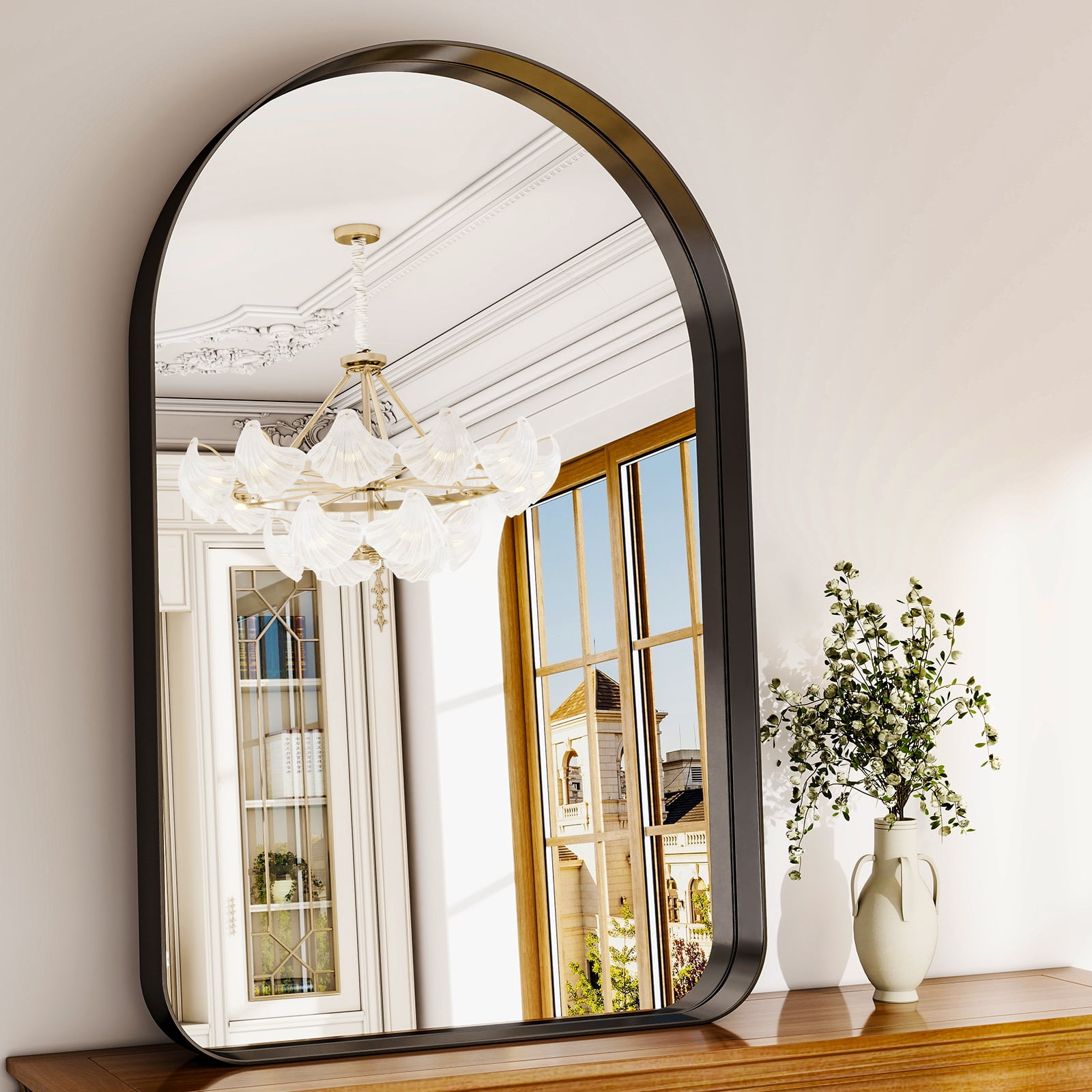 Gleamira 24"x36" Arch-Top Bathroom Mirror Deep Metal Frame Wall-Mounted Mirror , Black