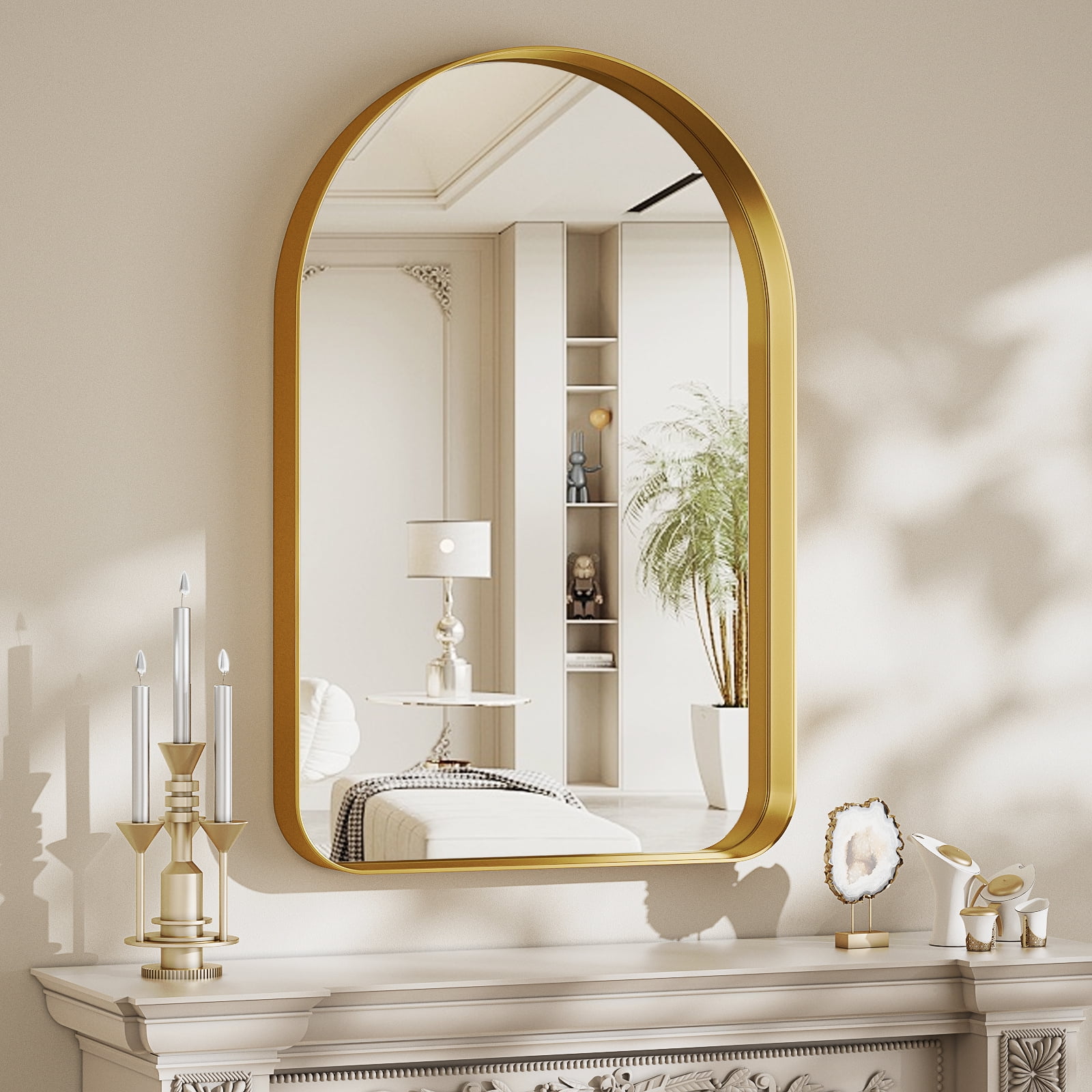 Gleamira 26"x38" Arch-Top Bathroom Mirror Deep Metal Frame Wall-Mounted Mirror , Gold
