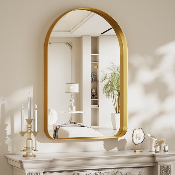 Gleamira 26"x38" Arch-Top Bathroom Mirror Deep Metal Frame Wall-Mounted Mirror , Gold