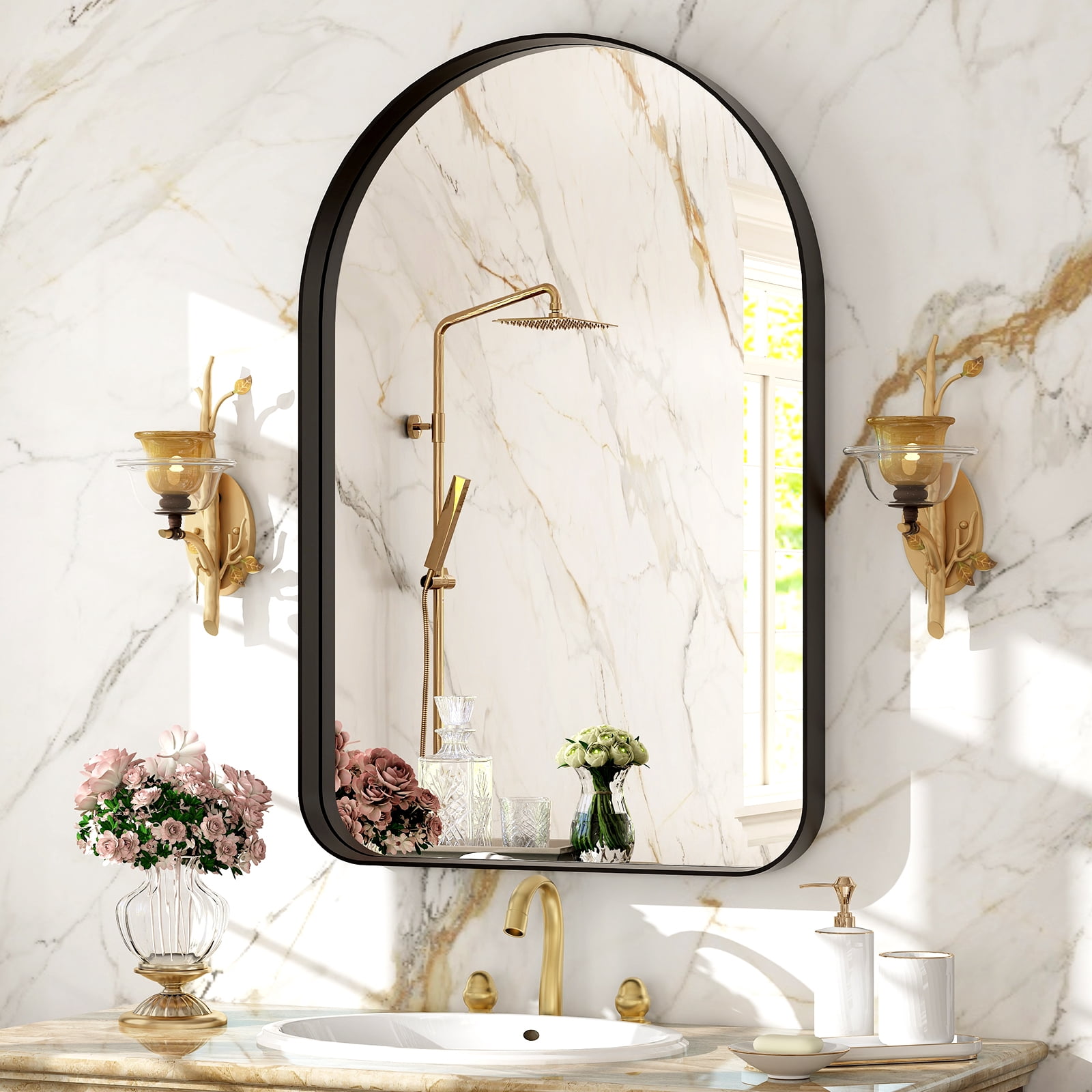 Gleamira 26"x38" Arched Bathroom Mirror Wall-Mounted Mirror with Deep Frame, Black