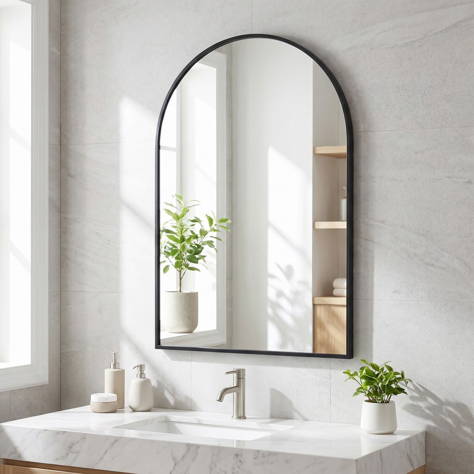 Gleamira 26"x38" Arched Bathroom Mirror Wall Mounted Mirror with Metal Frame, Black
