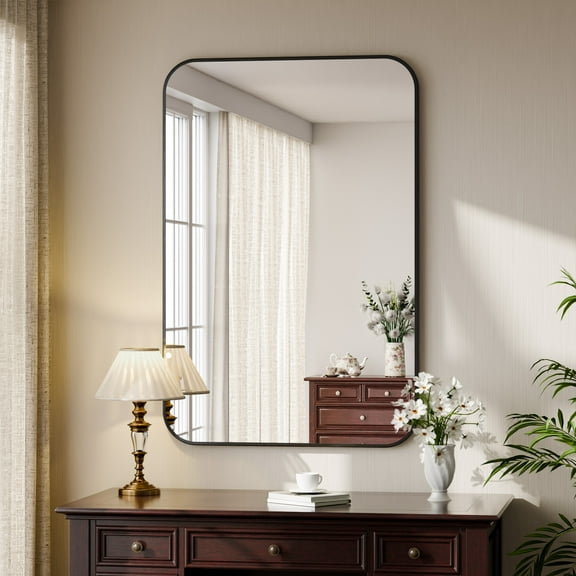 Gleamira 26"x38" Round Edge Rectangular Bathroom Mirror Wall Mounted, Black