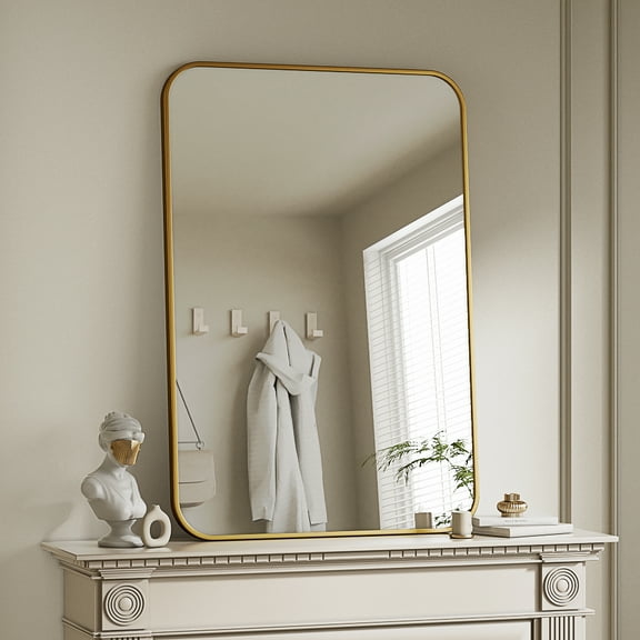 Gleamira 26"x38" Round Edge Rectangular Bathroom Mirror Wall Mounted, Gold