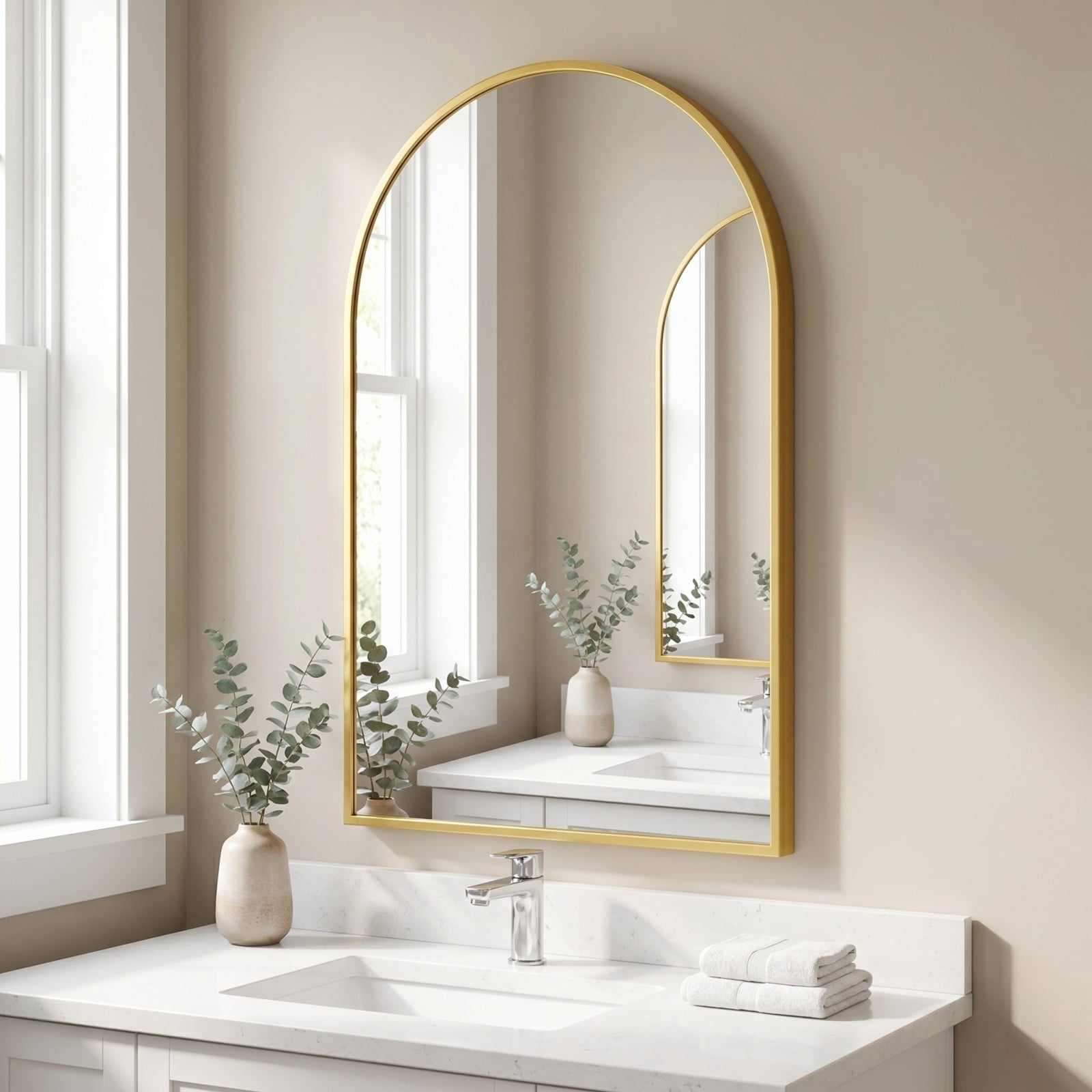 Gleamira 26"x41" Arched Bathroom Mirror Wall Mounted Mirror with Metal Frame, Gold
