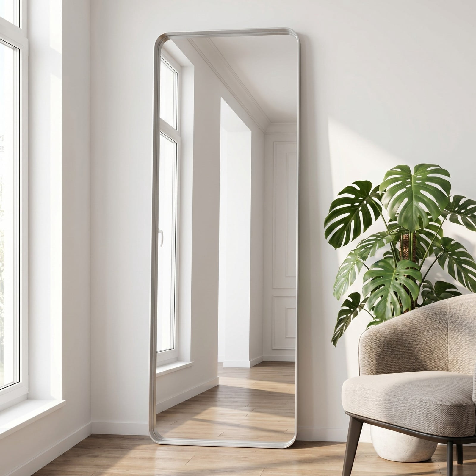 Gleamira 28"x60" Full Length Mirror Floor Mirror Rounded Corner Mirror with Deep Frame, Silver