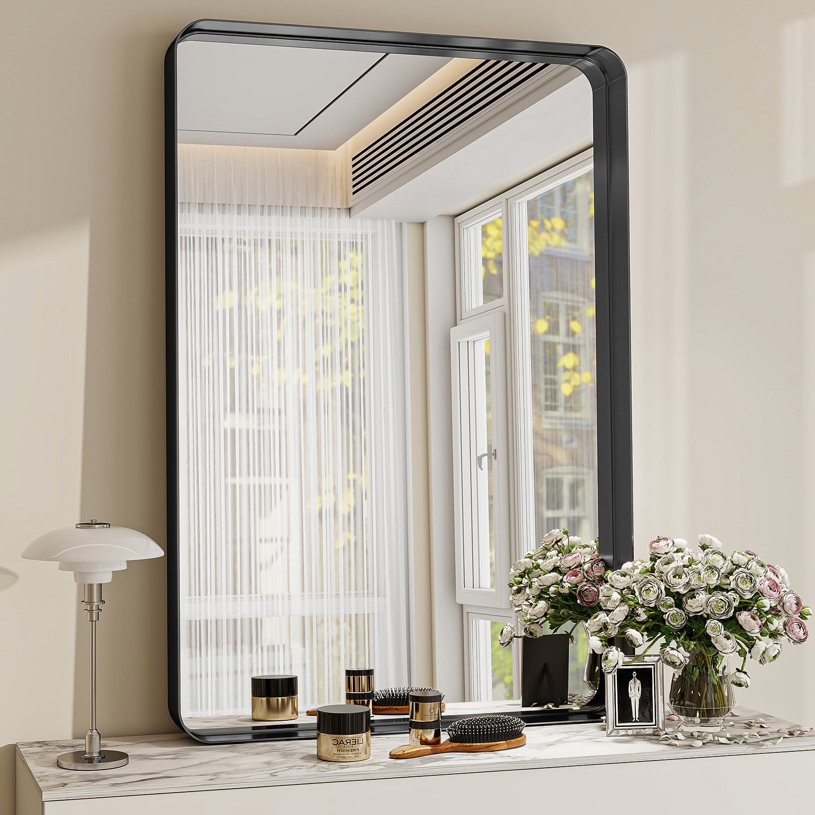 Gleamira 30"x 48" Rounded Rectangle Deep Framed Bathroom Mirror, Black