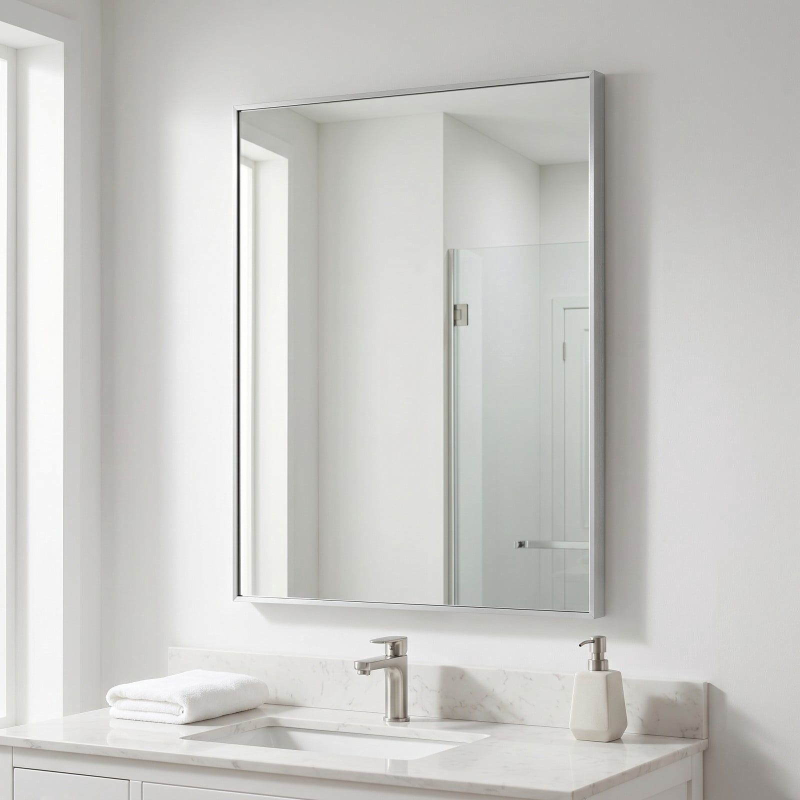 Gleamira 30"x36" Rectangular Bathroom Mirror Wall Mounted Mirror with Metal Frame, Silver