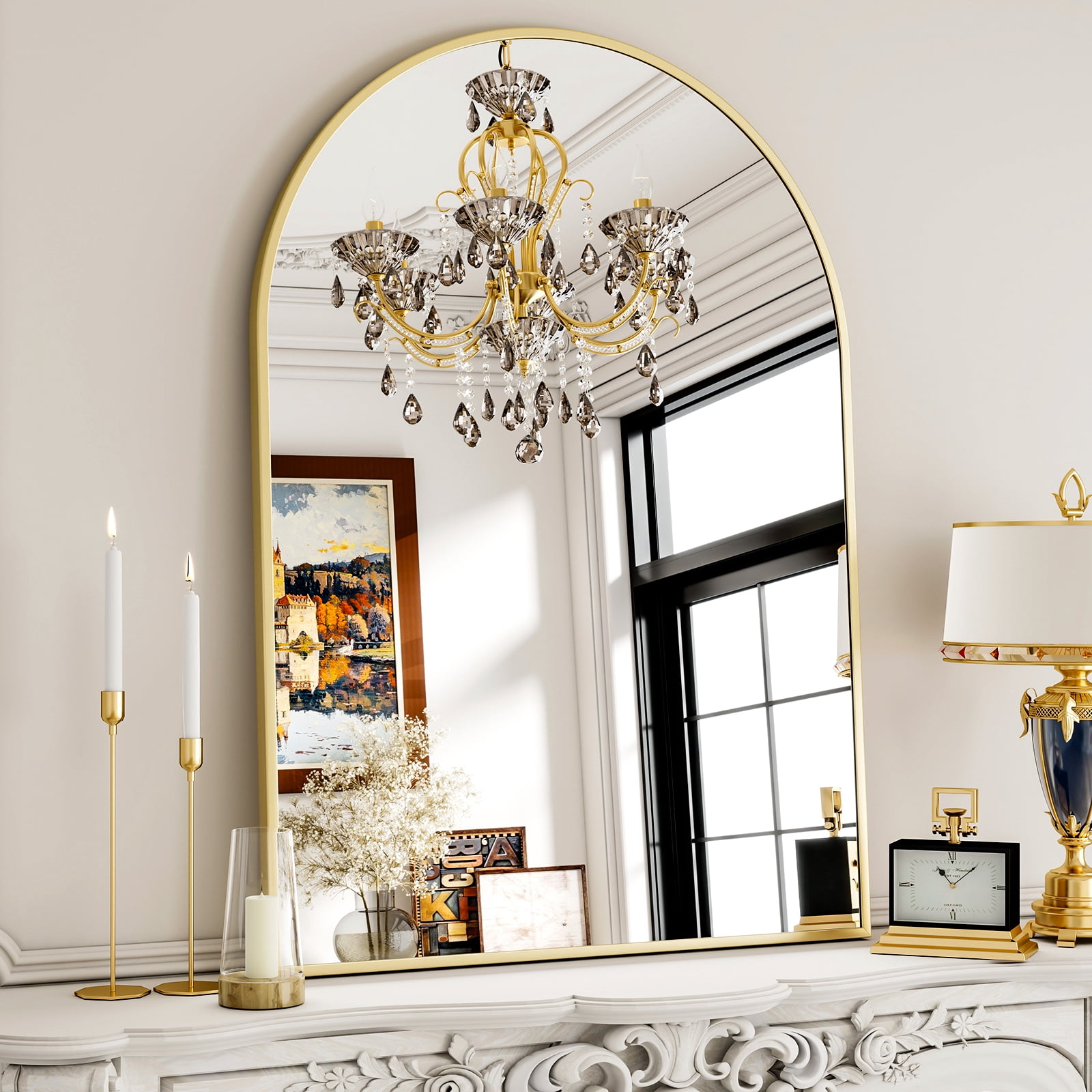 Gleamira 30"x38" Arched Bathroom Mirror Wall Mounted with Metal Frame, Gold