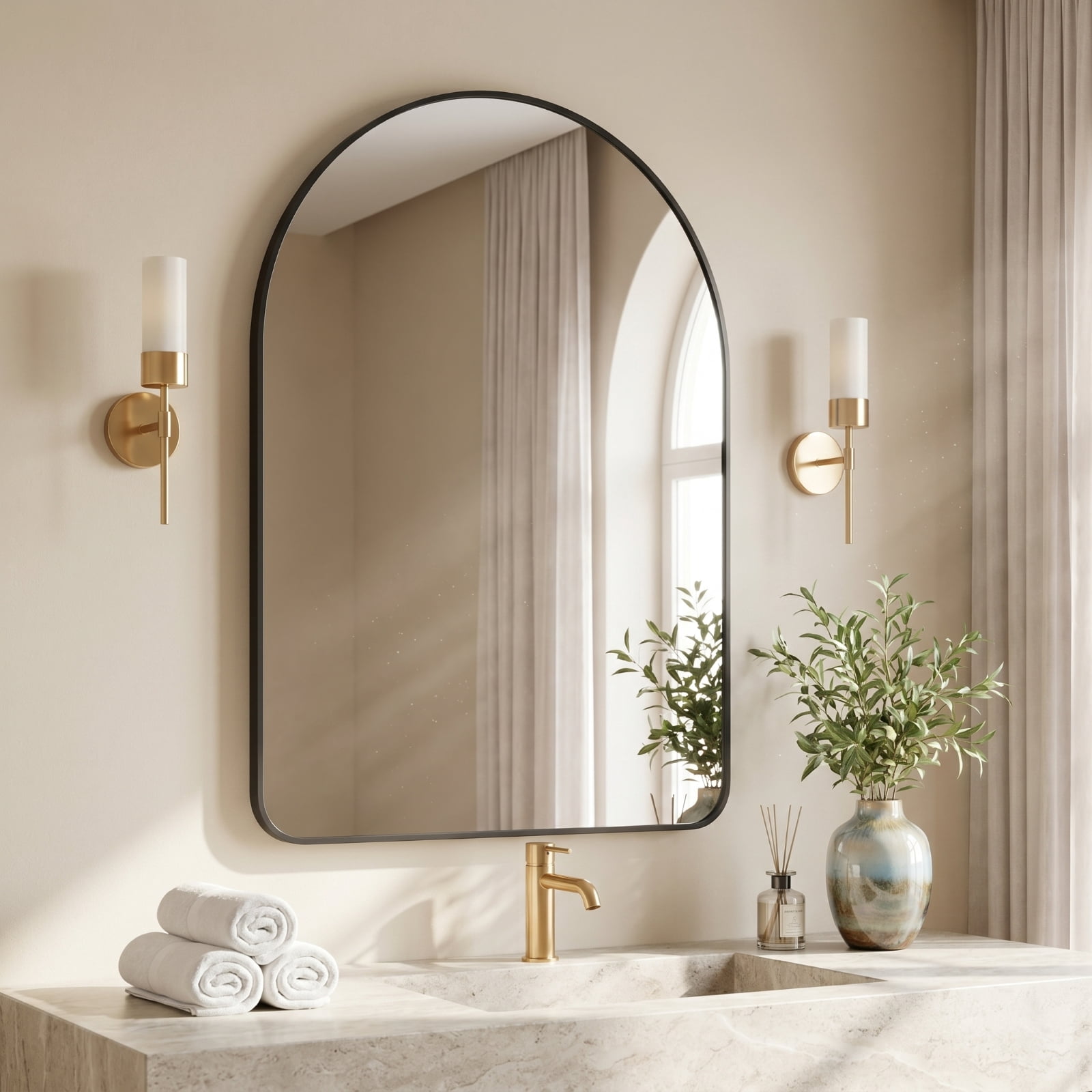 Gleamira 30"x40" Arched Bathroom Wall Mirror Rounded Corner Vanity Mirror with Metal Frame, Black
