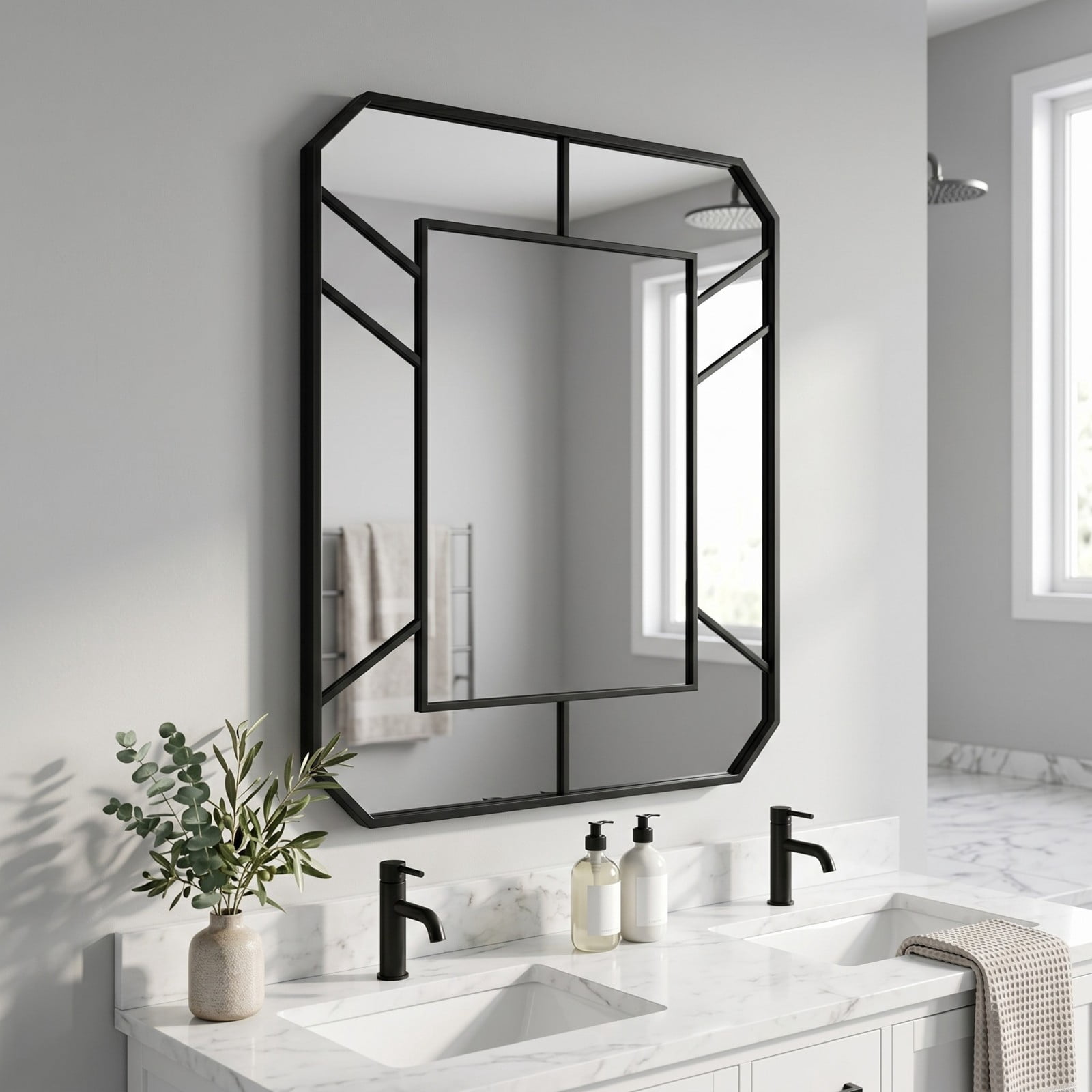 Gleamira 30"x40" Bathroom Mirror Geometric Style Wall-Mounted Decorative Vanity Mirror, Black