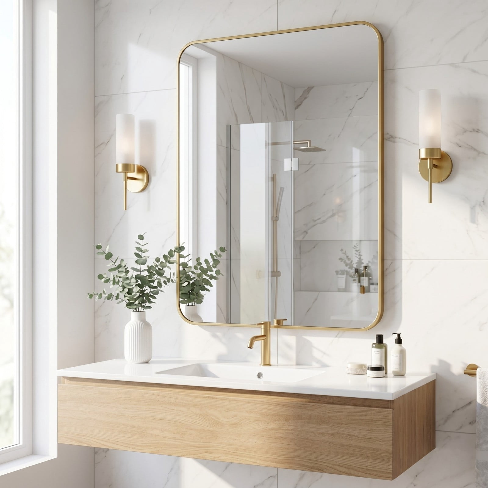 Gleamira 30"x40" Bathroom Mirror Wall-Mounted Mirror with Rectangular Metal Frame, Gold