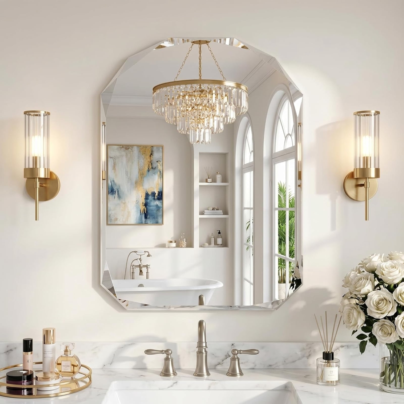Gleamira 30"x40" Frameless Arched Bathroom Mirror Beveled Diamond Edge Wall Mirror Vanity Decorative Mirror