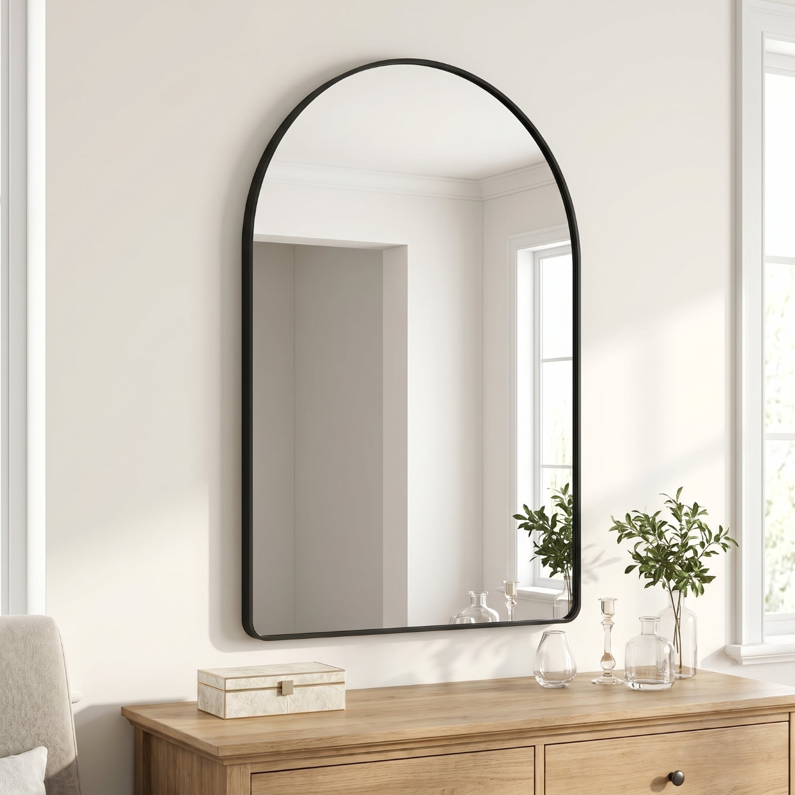 Gleamira 30"x48" Arched Bathroom Wall Mirror Rounded Corner Vanity Mirror with Metal Frame, Black