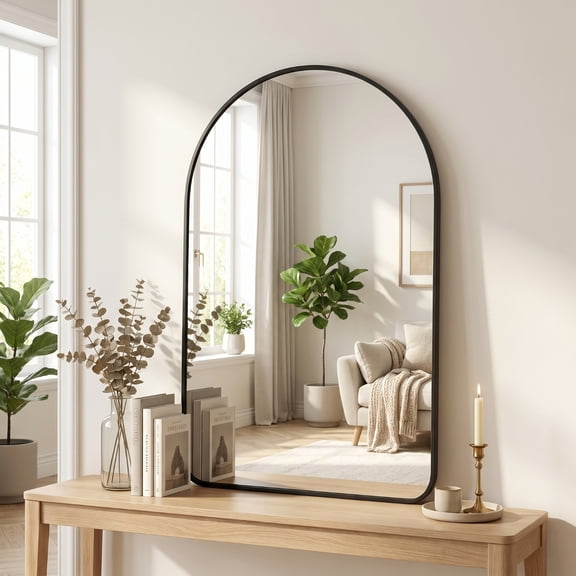 Gleamira 30"x50" Arched Bathroom Wall Mirror Rounded Corner Vanity Mirror with Metal Frame, Black