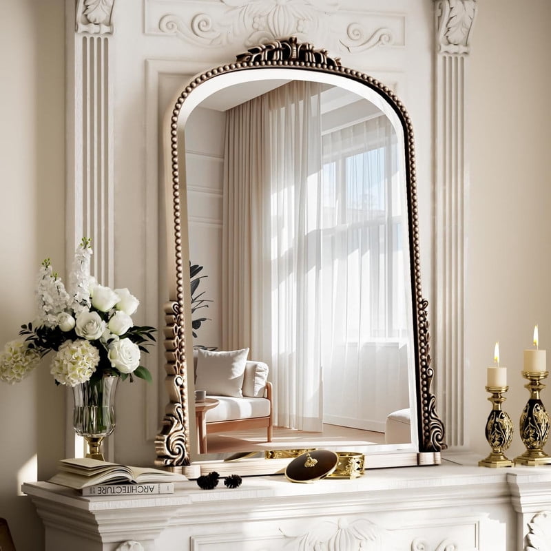 Gleamira 32"x 24" Antique Arched Bathroom Mirror Vanity Mirror Decor Wall Mirror, Antique Silver