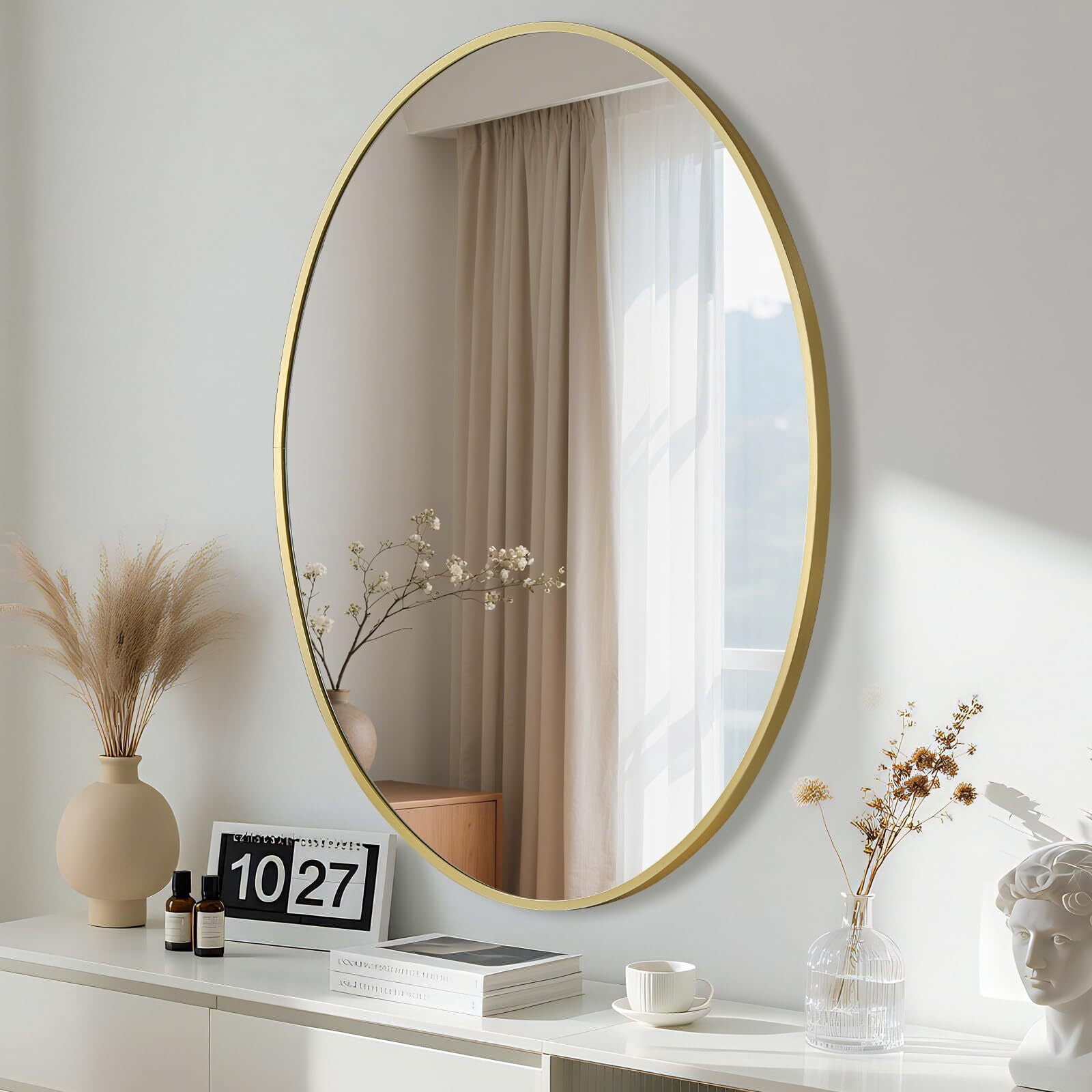 Gleamira 32"x 24" Oval Wall Vanity Mirror Bathroom Mirror with Aluminum Alloy Frame, Gold