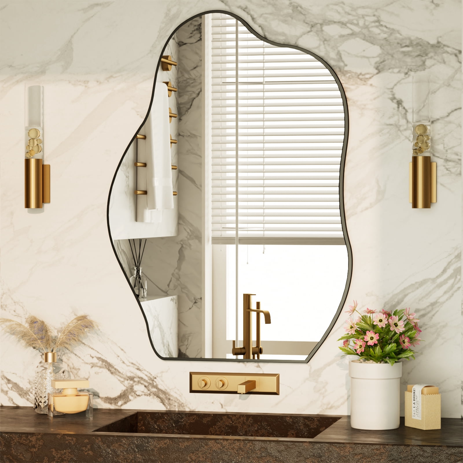 Gleamira 32"x22" Irregular Vanity Bathroom Mirror Frameless Wall-mounted Decorative Mirror
