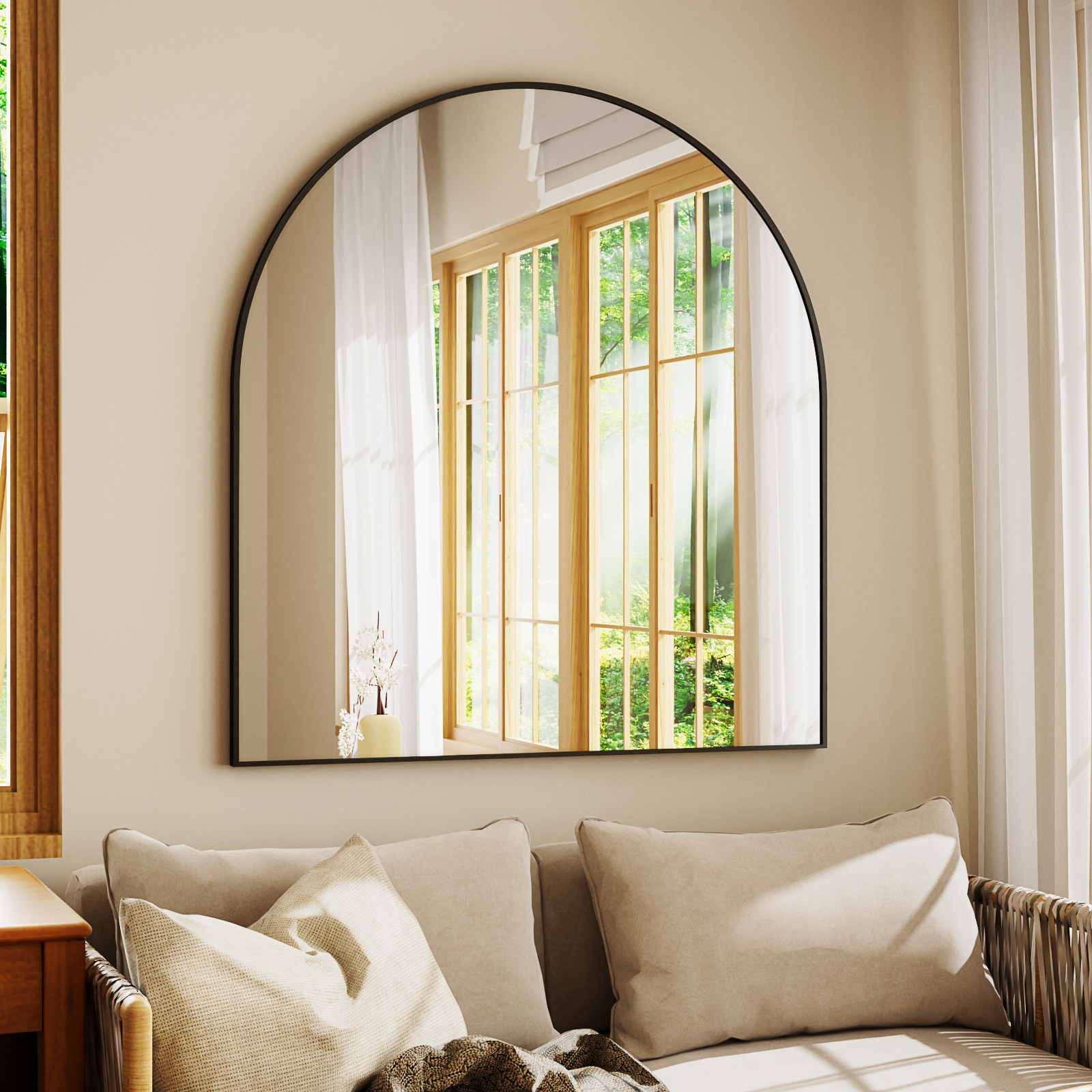 Gleamira 32"x34" Arched Bathroom Mirror Wall Mounted with Metal Frame, Black