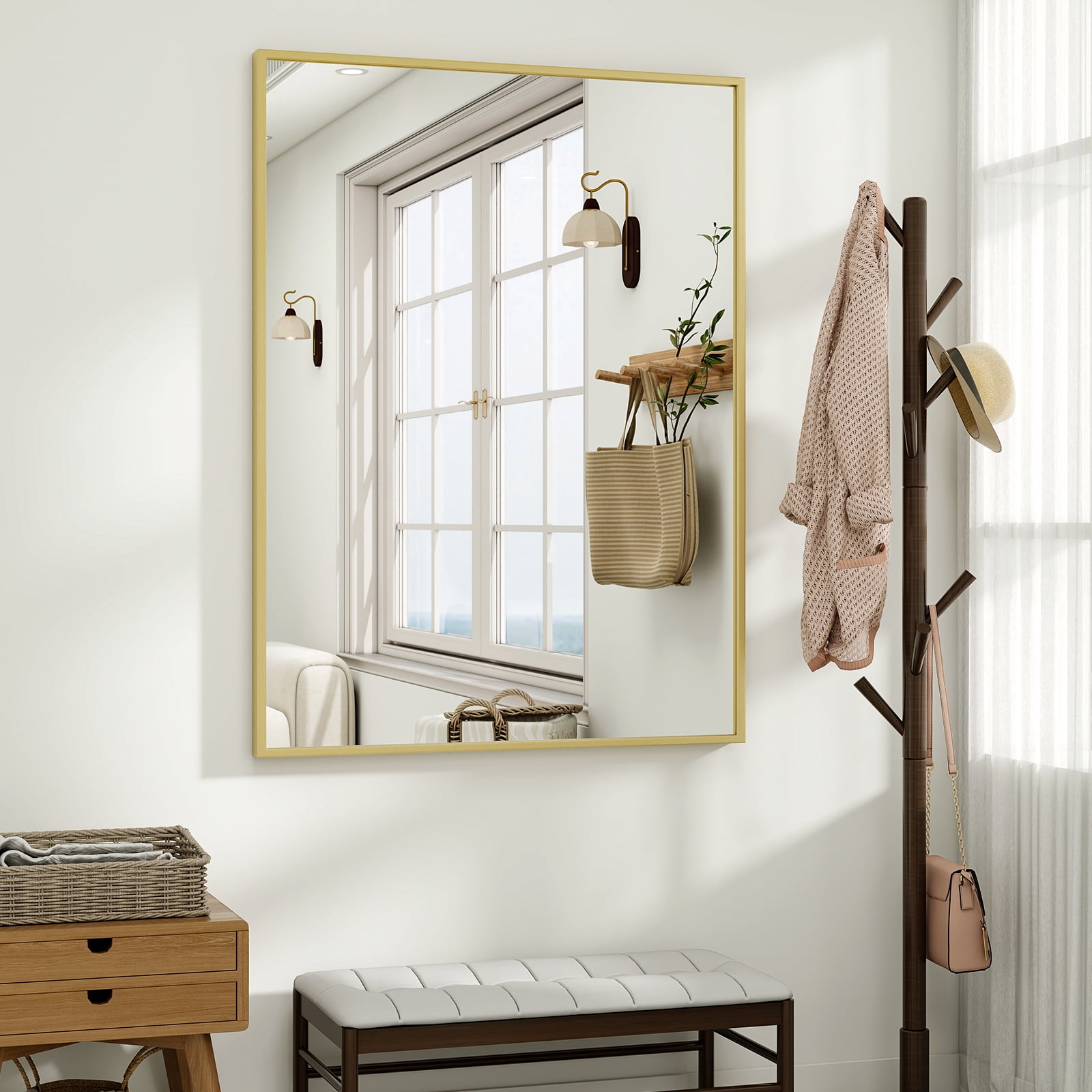 Gleamira 32"x40" Rectangular Bathroom Mirror Wall Mounted Mirror with Metal Frame, Gold